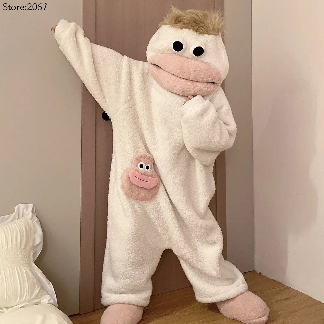 Adult Pajamas Funny Big Mouth Monster Matching Jumpsuit Fall Winter Couple Ready Thick Coral Fleece Loungewear for Men and Women