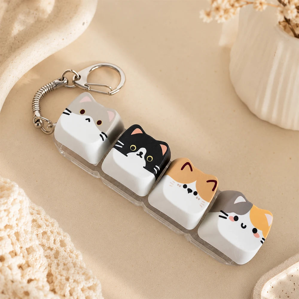 Cute Cat Relax Button Keycap, Kawaii Cat 4-Key Keyboard Fidget Toy for Friends Gift, Portable Fidget Keychain Fashion Bag Charm
