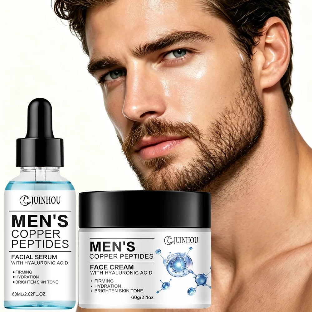 JUINHOU Men Face Serum&Cream Kit Copper Peptide Hyaluronic Acid Hydrating Firming Soothe Rough Skin Revitalize Dull Skin Man Day