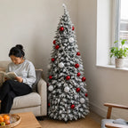 Flocked PVC Christmas Tree 1.5/1.8/2.1M Pre‑Attached Baubles, Foldable Xmas Tree with USB String Lights for Home Holiday Decor