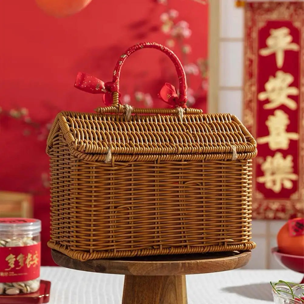 Rattan House Shaped Basket With Lid Decorative﻿ Handle With Harvest Basket Folding Woven Organizer Rattan House Shaped Basket