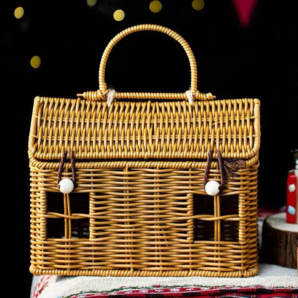 Rattan House Shaped Basket With Lid Decorative﻿ Handle With Harvest Basket Folding Woven Organizer Rattan House Shaped Basket