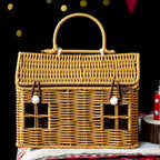 Rattan House Shaped Basket With Lid Decorative﻿ Handle With Harvest Basket Folding Woven Organizer Rattan House Shaped Basket