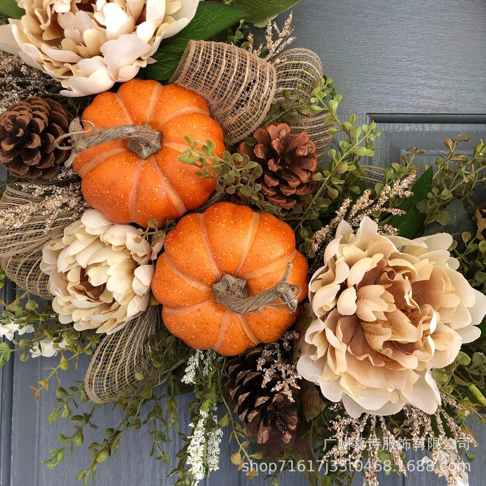Autumn Door Wreath with Pumpkin Maple Leaf Eucalyptus Berries for Harvest Thanksgiving Season Wall Decor 45cm Orange