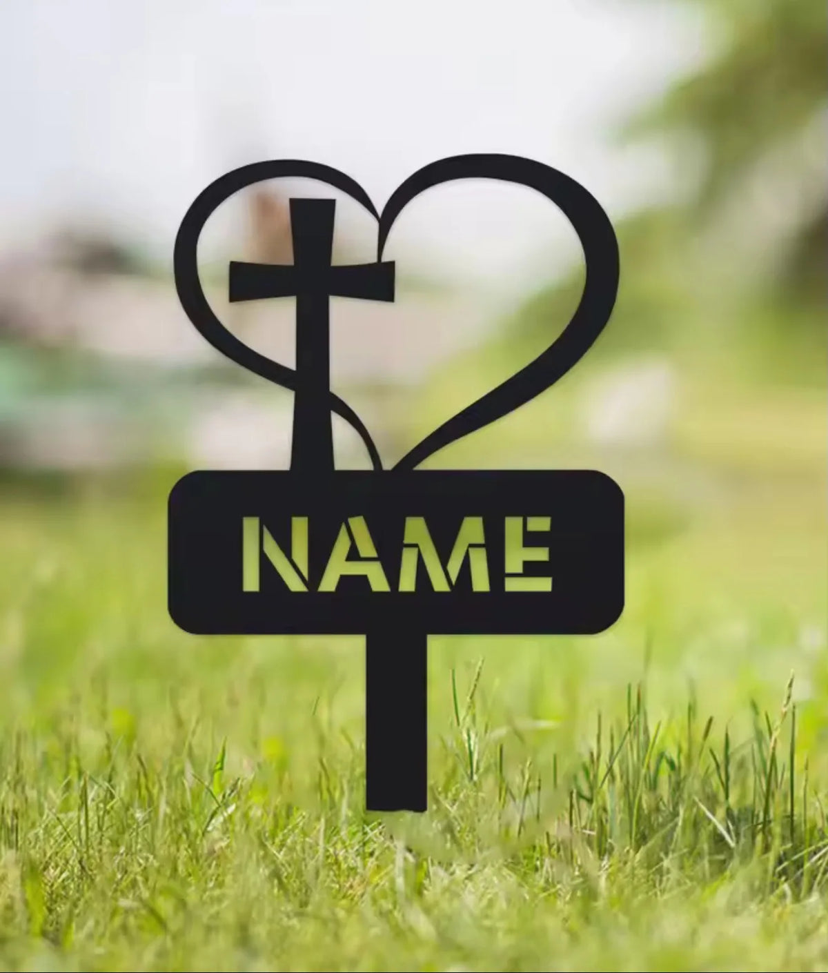 Personalized Metal Heart with Cross Sign Grave Maker Black Custom Memorial Stake Personalized Loss of Loved One Cemetery Stake f