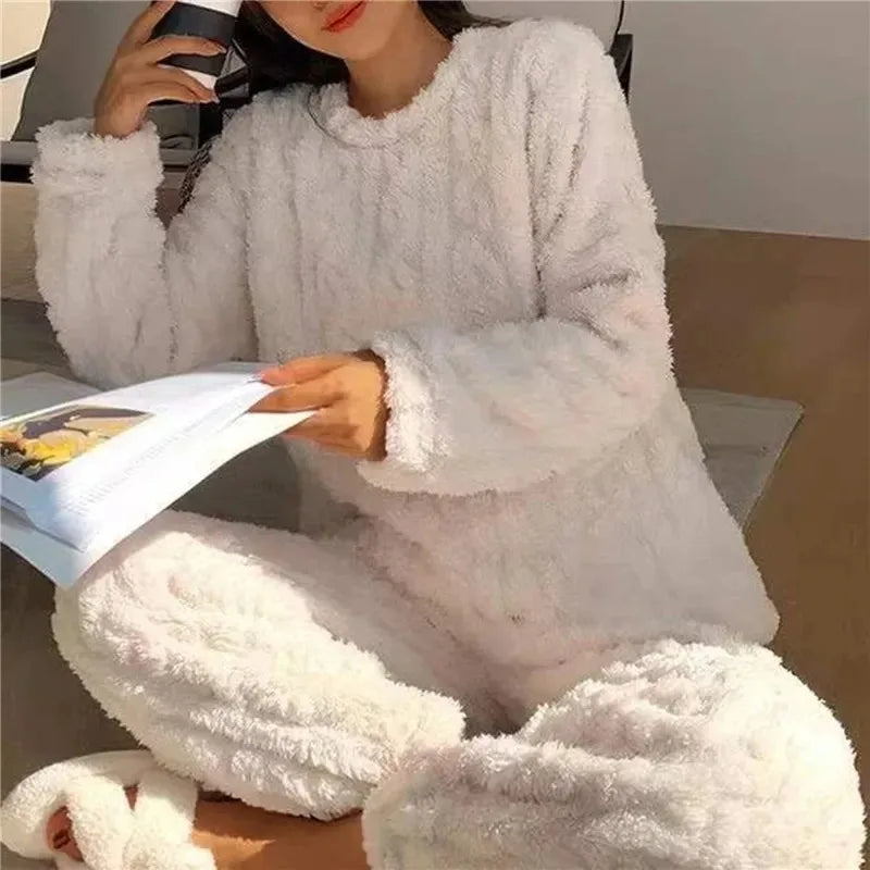 Women Coral Velvet Jacquard Pajama Set Soft Warm Winter Loungewear Comfortable Homewear for Christmas Valentine's Day Gift