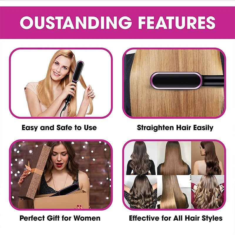 Electric PTC Heat Straightening Brush One Step Hair Dryer 3 In 1 Ceramic Flat Iron Women Hair Straightener Comb And Curling