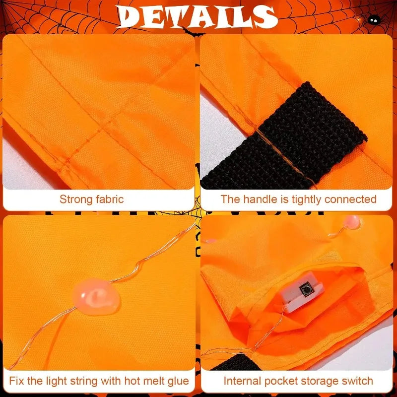 1-20PCS Halloween Pumpkin Tote Bag LED Light Up Handle Reusable Trick or Treat Candy Bag for Kids Party Decor Gift Present