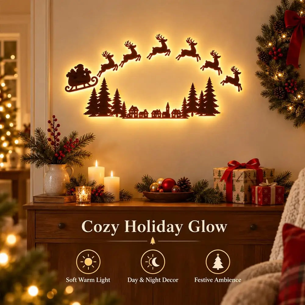 Lighted Santa Sleigh Reindeer Christmas Wall Decor Remote Set,Warm white glow, wooden cutout design, flexible layout