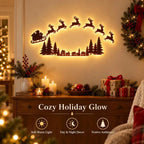 Lighted Santa Sleigh Reindeer Christmas Wall Decor Remote Set,Warm white glow, wooden cutout design, flexible layout