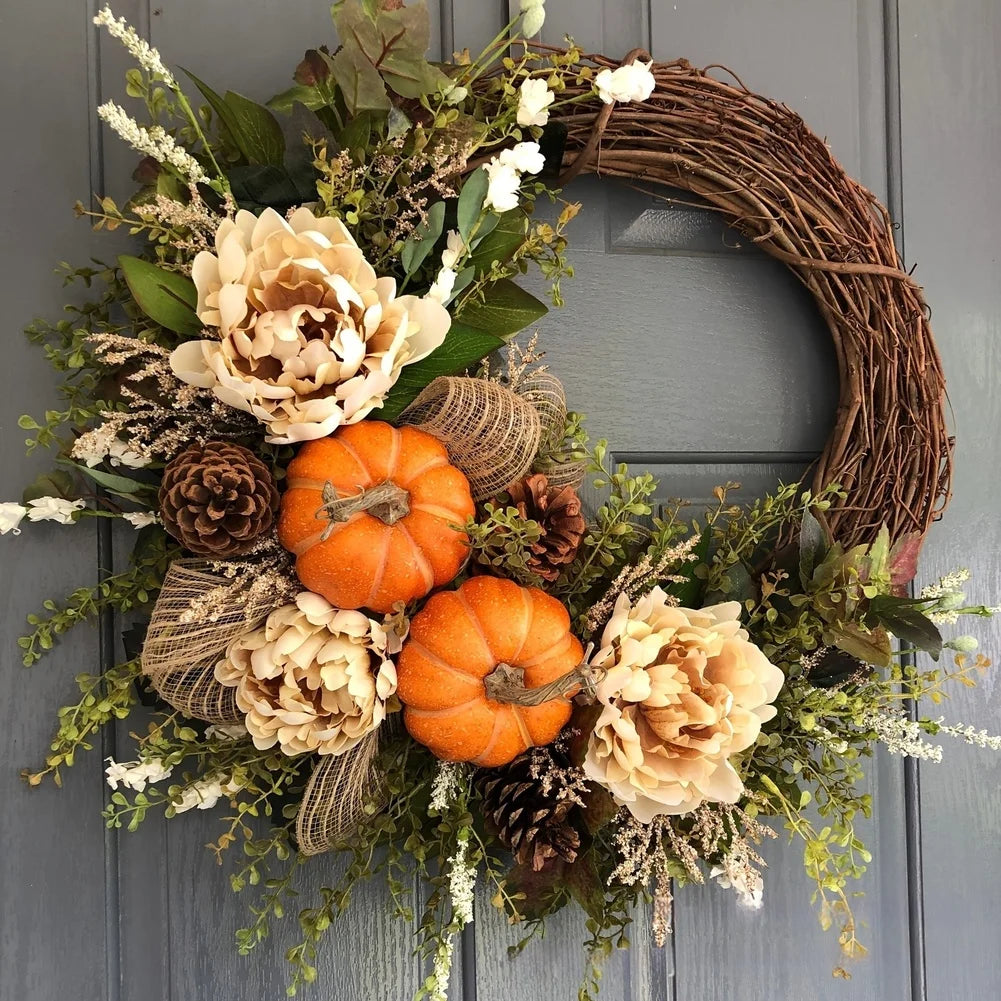 Autumn Door Wreath with Pumpkin Maple Leaf Eucalyptus Berries for Harvest Thanksgiving Season Wall Decor 45cm Orange