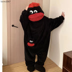 Adult Pajamas Funny Big Mouth Monster Matching Jumpsuit Fall Winter Couple Ready Thick Coral Fleece Loungewear for Men and Women