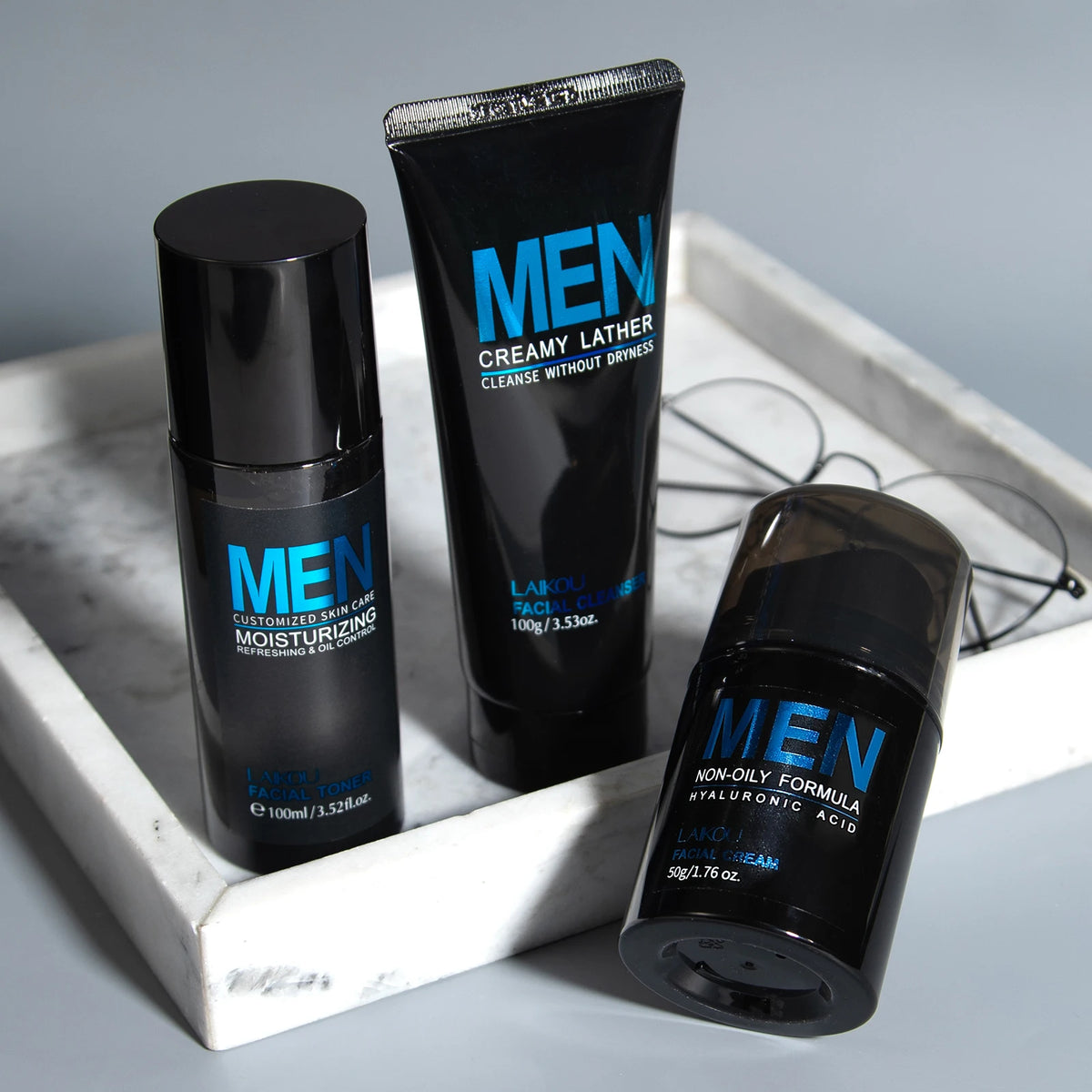 LAIKOU 3-Piece Men's Daily Skincare Kit - Cleanse Refresh Hydrate Essential Men's Beauty Routine Set