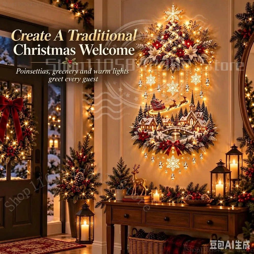 2026 Illuminated Christmas Tree & Village Wall Hanging Cascading Warm Lights,Tree and Village Scene | Warm Cascading Lights