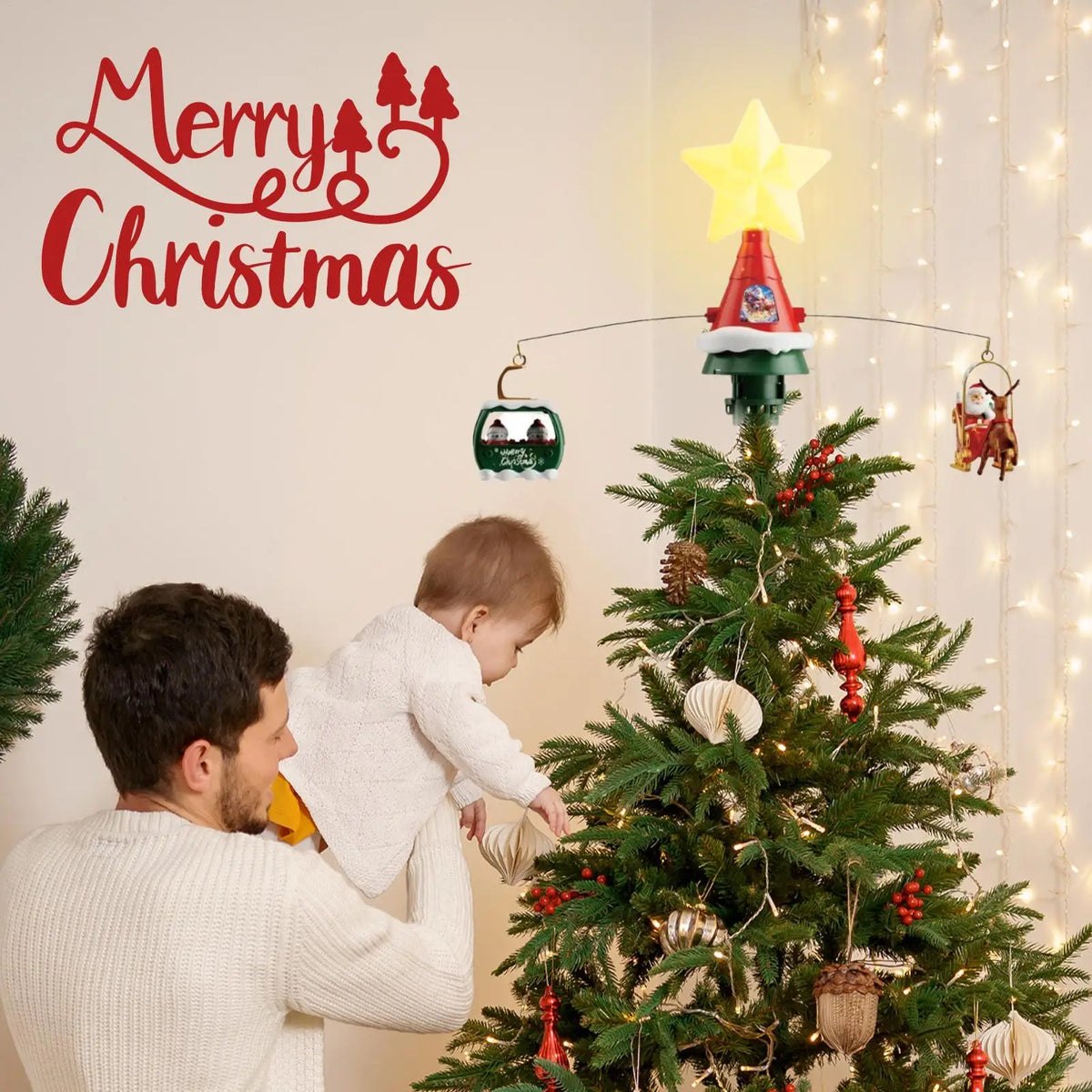 Rotating Santa Sleigh Christmas Tree Topper with Music & Lights
