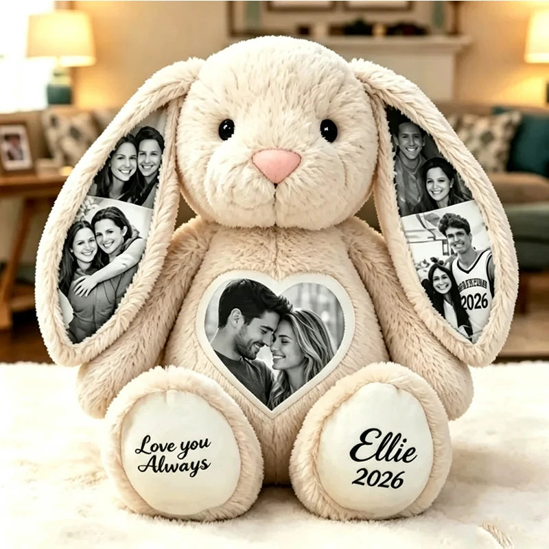 Custom Heart Photo Bunny Plush – Personalized Hidden Ear Picture Bunny Custom Text Anniversary Gift for Couples Sweethearts