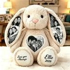 Custom Heart Photo Bunny Plush – Personalized Hidden Ear Picture Bunny Custom Text Anniversary Gift for Couples Sweethearts