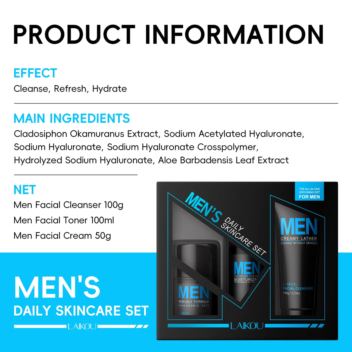 LAIKOU 3-Piece Men's Daily Skincare Kit - Cleanse Refresh Hydrate Essential Men's Beauty Routine Set