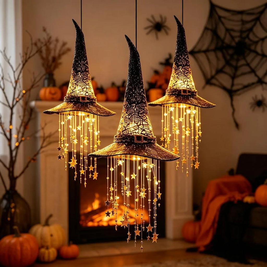 Lighted Witch Hat Hanging Chime, Halloween Outdoor Ornament, Glowing Mesh Cascading Stars, Black Frame Decoration, Party Decor