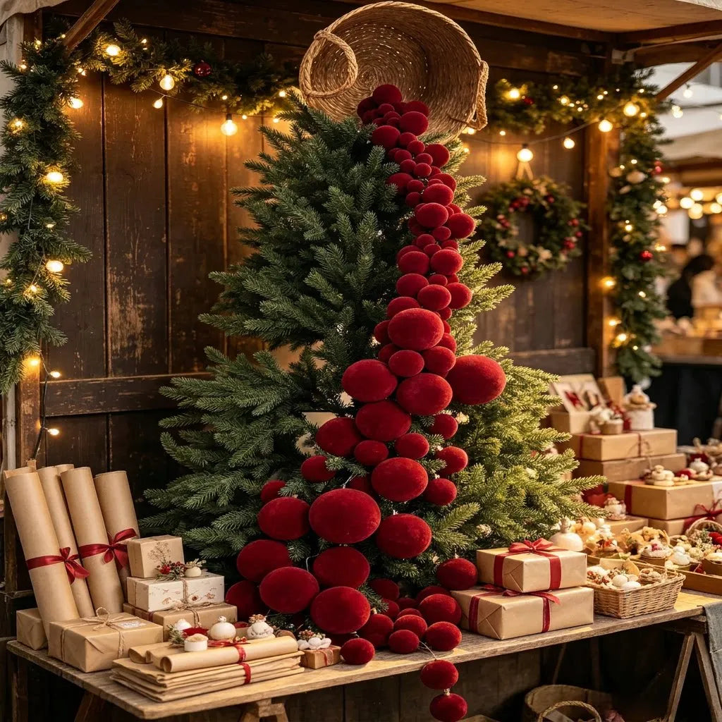 4.9ft Christmas Velvet Balls Wreath Ornaments Bamboo Baskets Hanging Decorations Fireplace Mantel Holiday Party Christmas Tree