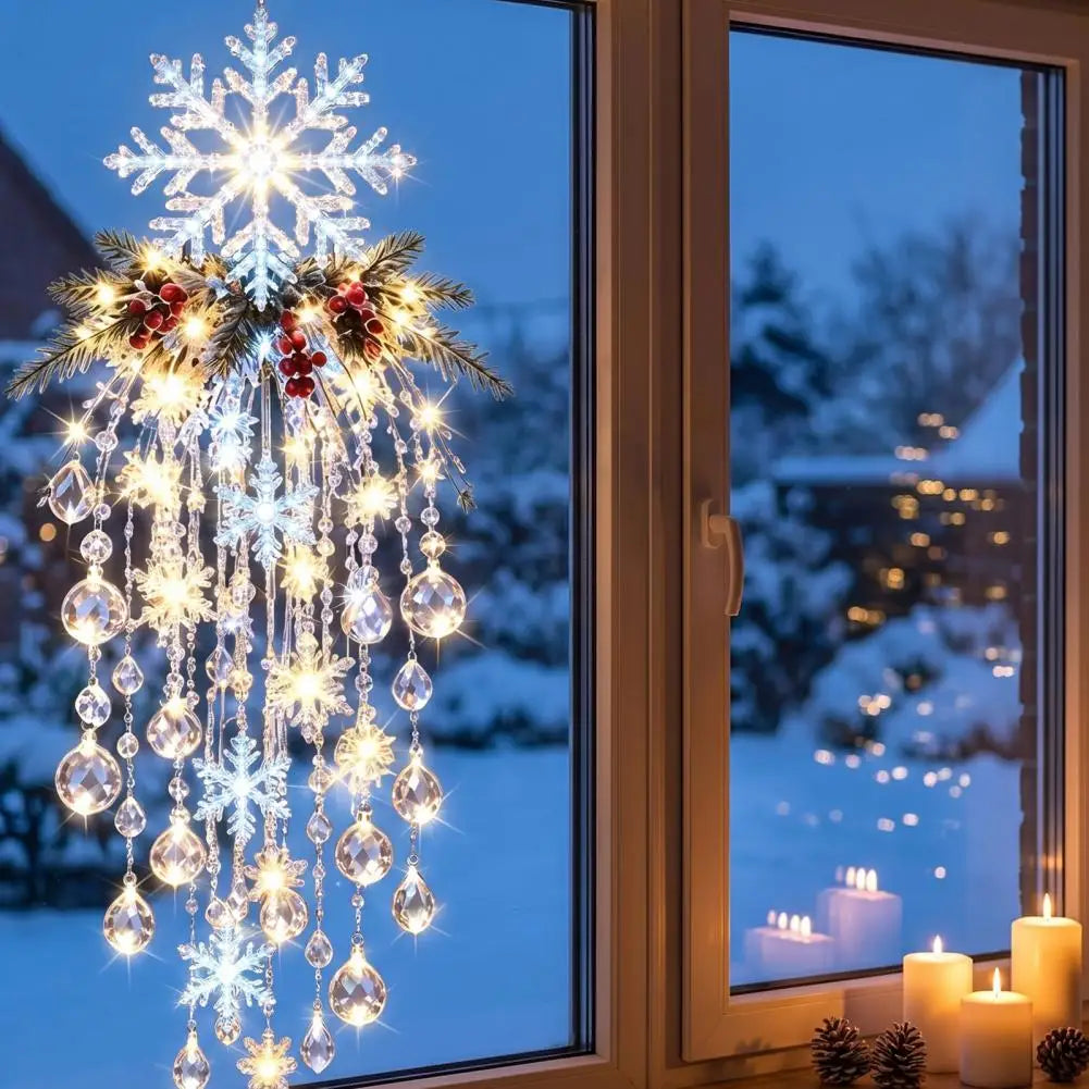 Crystal Waterfall Christmas Lights, LED Warm White Snowman Christmas Pendant Light with Crystal Snowflake Droplets Home Decor