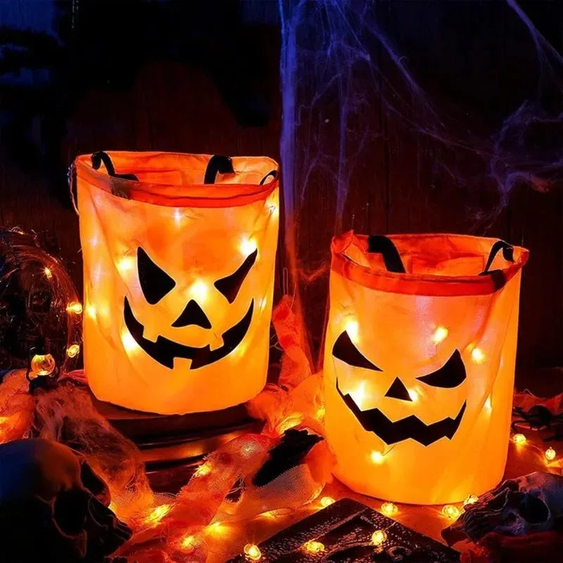 1-20PCS Halloween Pumpkin Tote Bag LED Light Up Handle Reusable Trick or Treat Candy Bag for Kids Party Decor Gift Present
