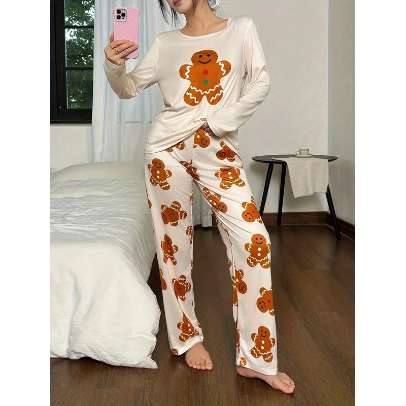 This year's new women's Doz Lane Gingerbread Man print casual Christmas pajama set