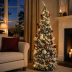 Flocked PVC Christmas Tree 1.5/1.8/2.1M Pre‑Attached Baubles, Foldable Xmas Tree with USB String Lights for Home Holiday Decor