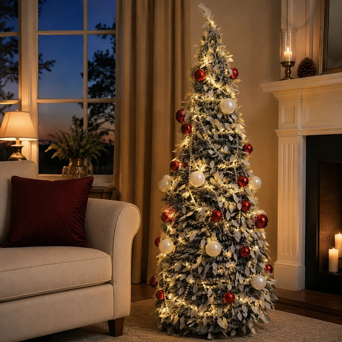 Flocked PVC Christmas Tree 1.5/1.8/2.1M Pre‑Attached Baubles, Foldable Xmas Tree with USB String Lights for Home Holiday Decor