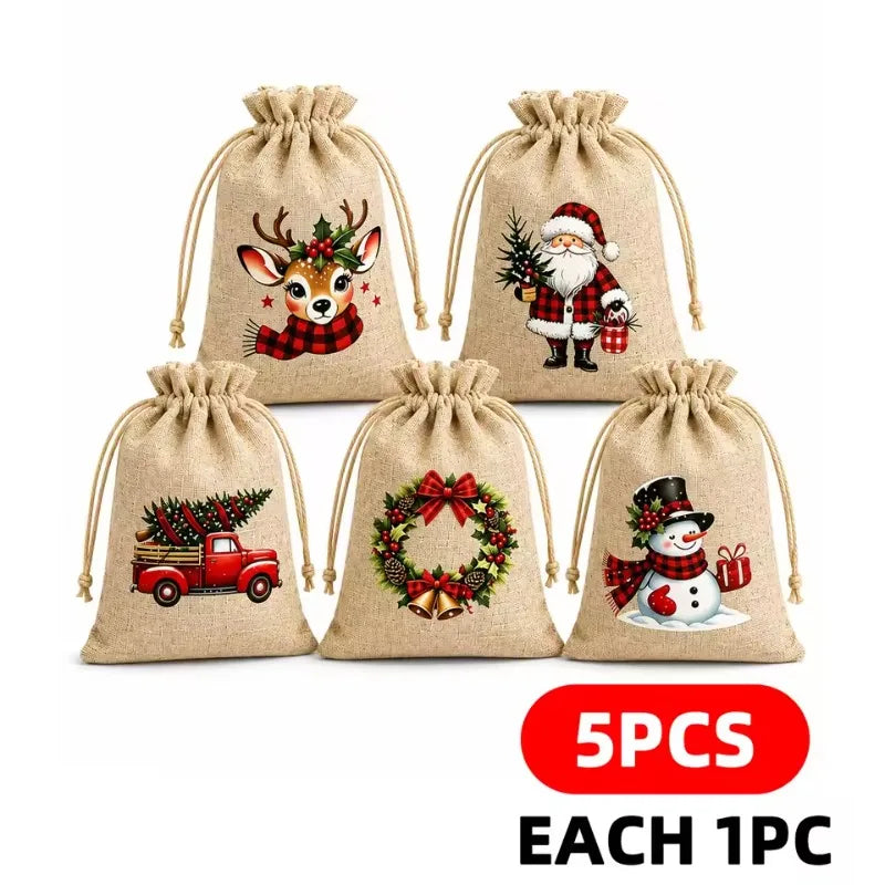 5/12 Pack Christmas Burlap Gift Bags Reusable Drawstring 5 Designs