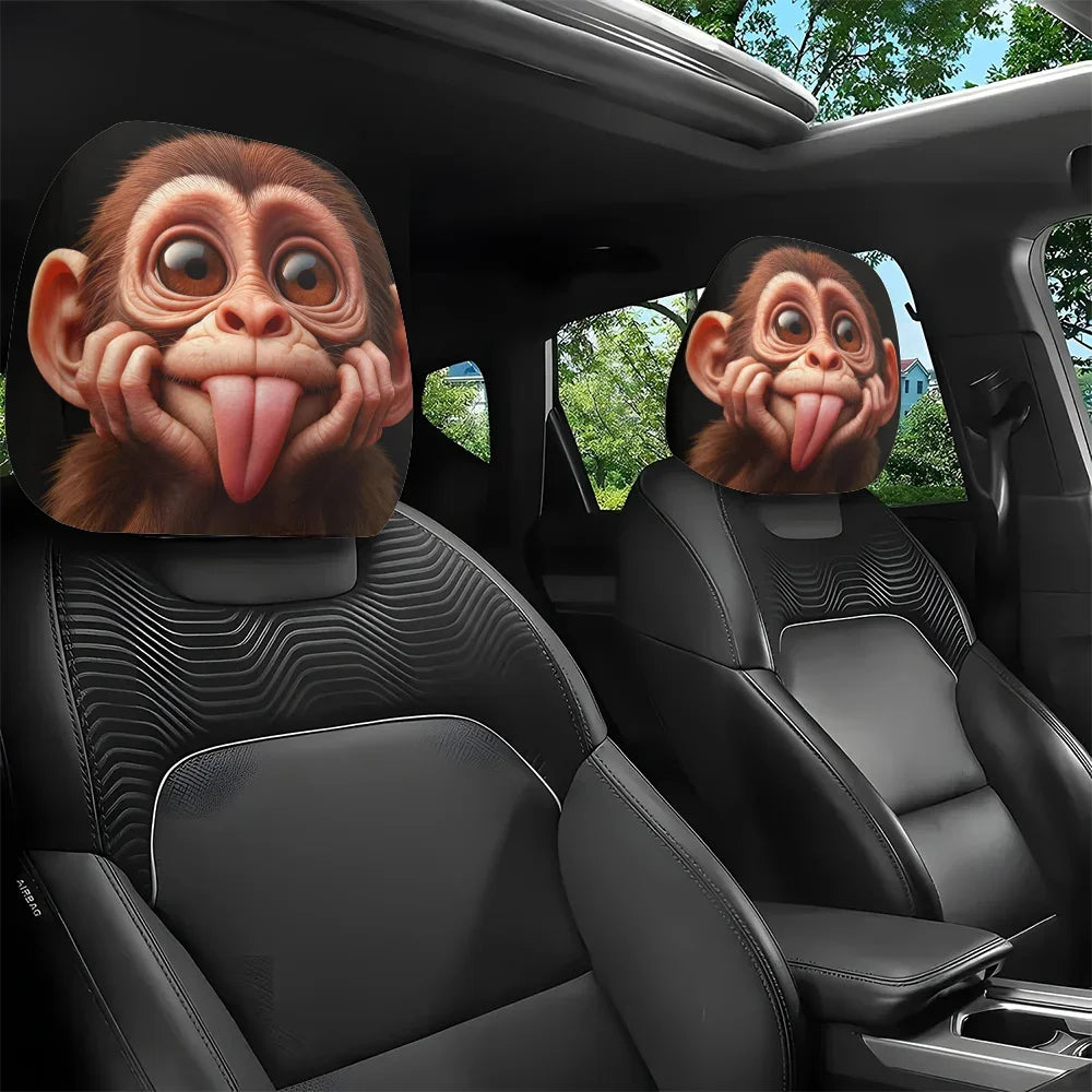 Cute and funny tongue-sticking macaque breathable car headrest cover 2pcs, festival gift, car interior parts, flexible design