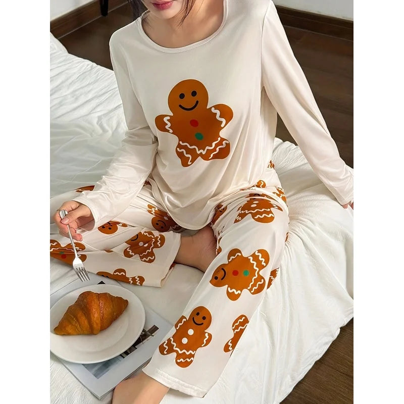 This year's new women's Doz Lane Gingerbread Man print casual Christmas pajama set