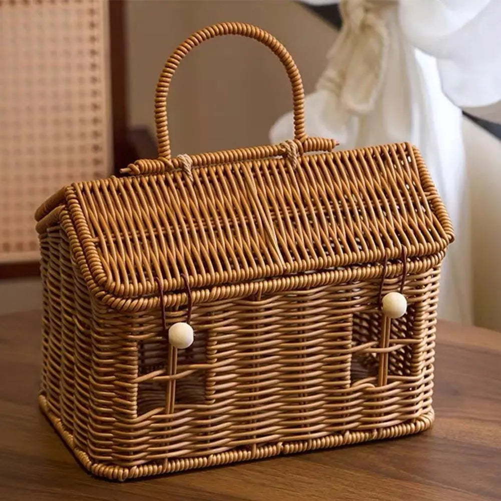 Rattan House Shaped Basket With Lid Decorative﻿ Handle With Harvest Basket Folding Woven Organizer Rattan House Shaped Basket