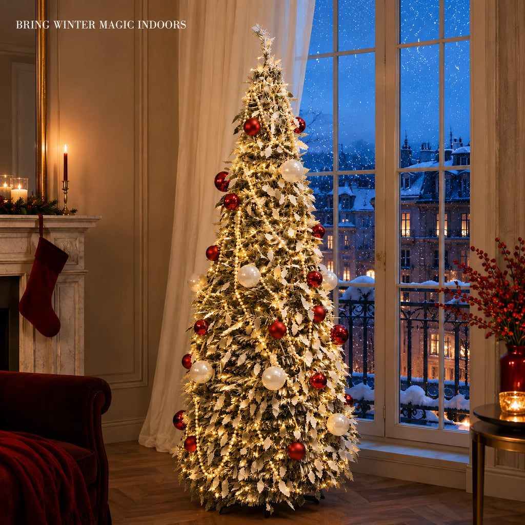 Flocked PVC Christmas Tree 1.5/1.8/2.1M Pre‑Attached Baubles, Foldable Xmas Tree with USB String Lights for Home Holiday Decor