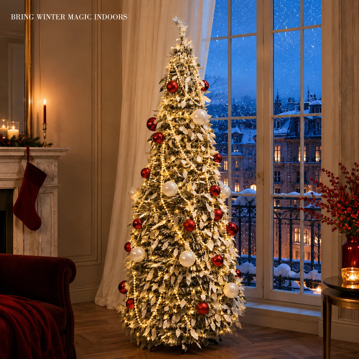 Flocked PVC Christmas Tree 1.5/1.8/2.1M Pre‑Attached Baubles, Foldable Xmas Tree with USB String Lights for Home Holiday Decor