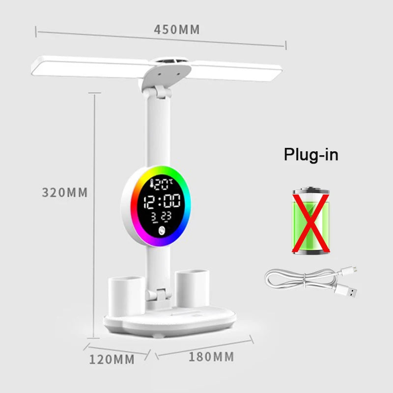 Rechargeable LED Desk Lamp with Fan & Clock