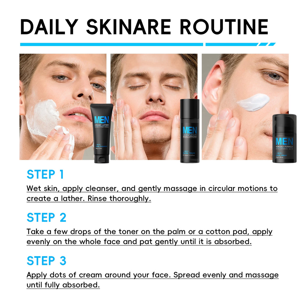 LAIKOU 3-Piece Men's Daily Skincare Kit - Cleanse Refresh Hydrate Essential Men's Beauty Routine Set