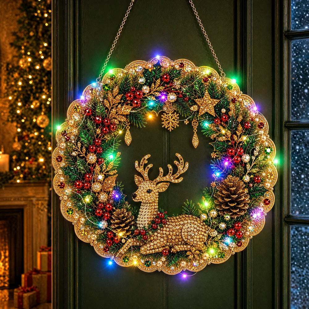 DIY Diamond Art Christmas Wreath 25cm With LED String Light Double‑Sided Printed One Side Diamond Sticking Xmas Hanging Wreath