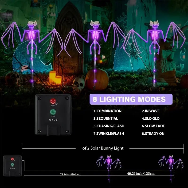 2PC/Set Halloween Outdoor Solar Garden Lights Waterproof 3D Horror Bat Skeleton Purple Orange Stake Lights House Party Decor