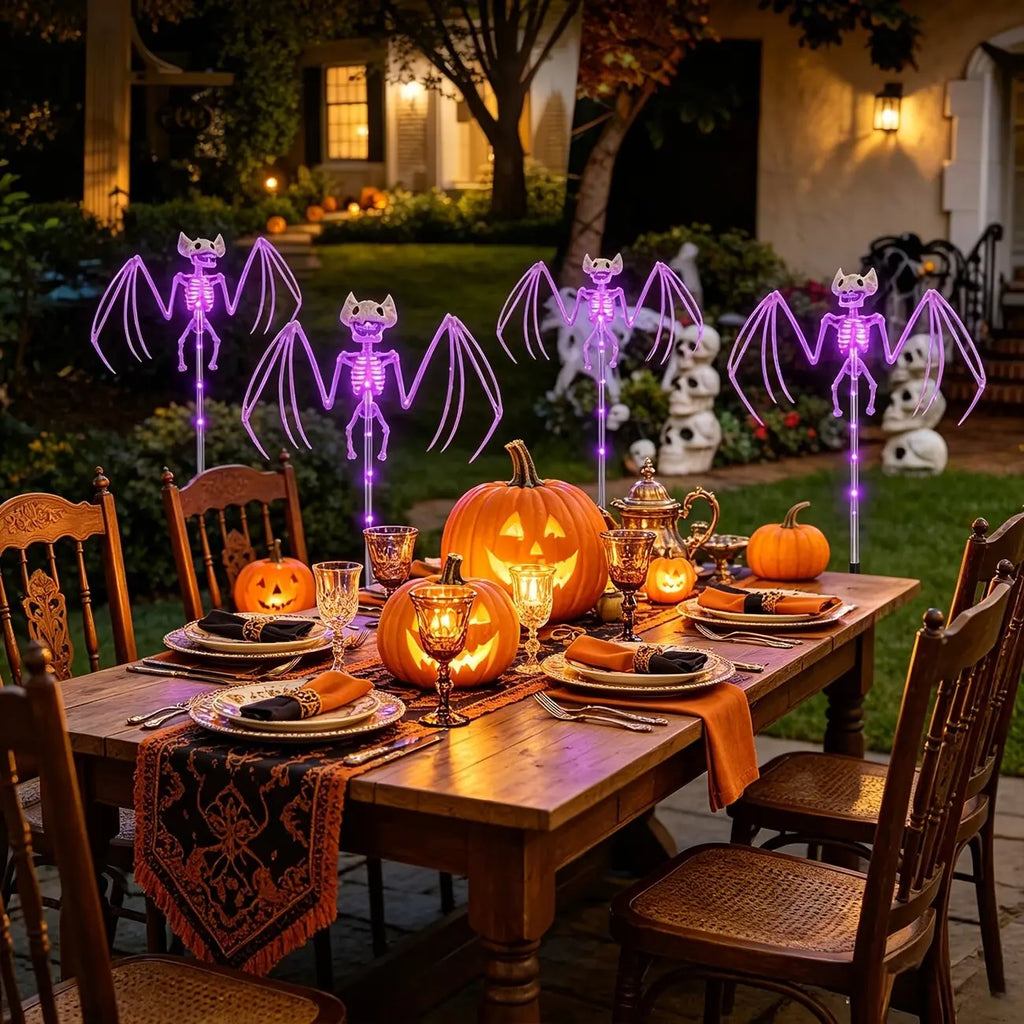 2PC/Set Halloween Outdoor Solar Garden Lights Waterproof 3D Horror Bat Skeleton Purple Orange Stake Lights House Party Decor