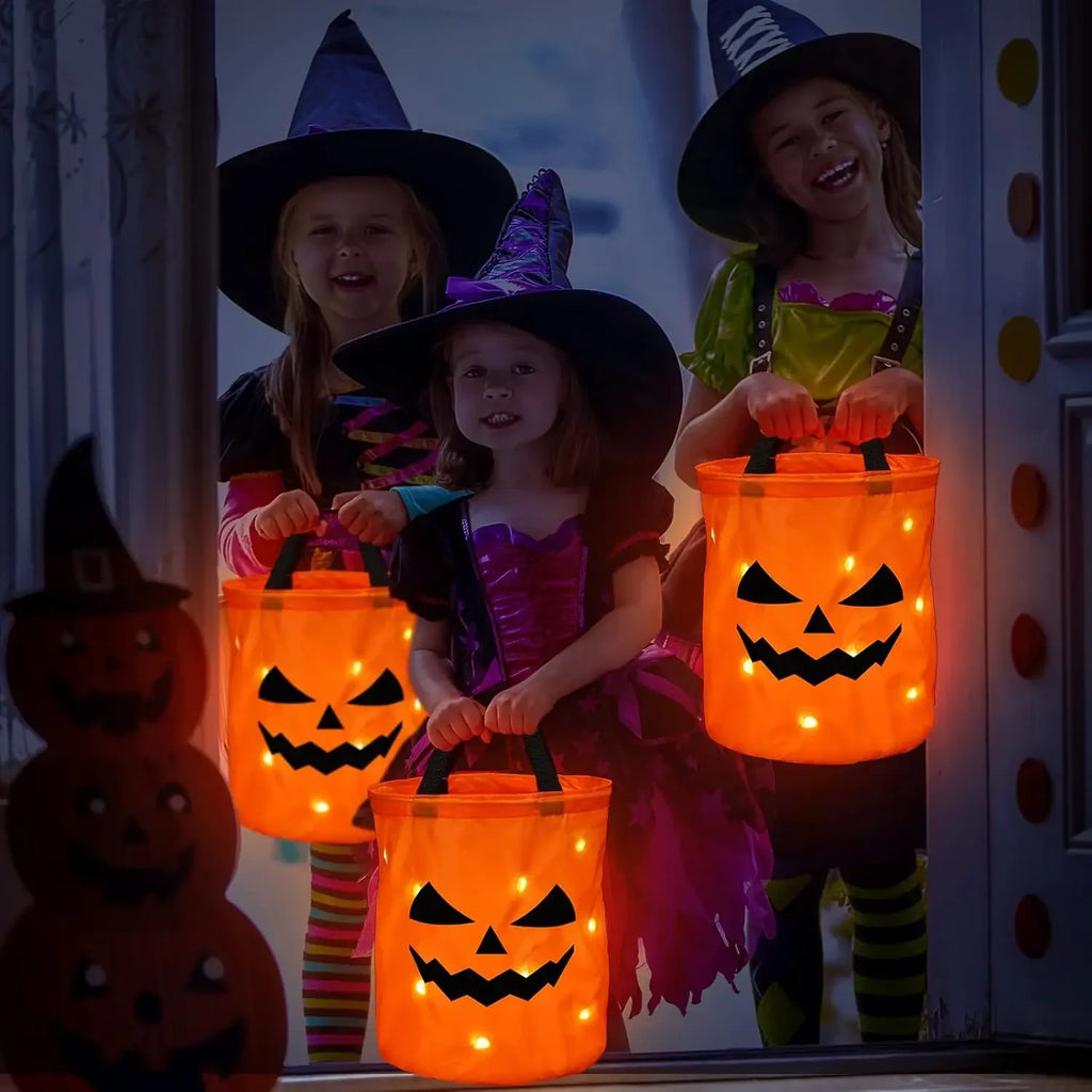 1-20PCS Halloween Pumpkin Tote Bag LED Light Up Handle Reusable Trick or Treat Candy Bag for Kids Party Decor Gift Present