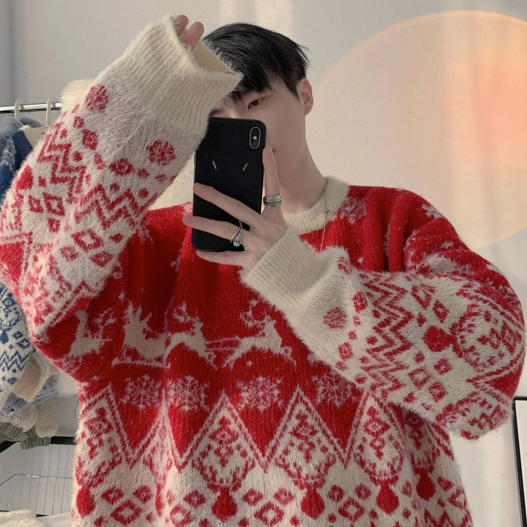 Winter Color blocked Jacquard Christmas Theme Sweater Men's Trendy Brand Loose Warm Hooded Knitted Sweater