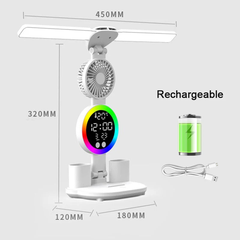 Rechargeable LED Desk Lamp with Fan & Clock
