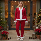 Womens Fall Winter  2 Pieces Pajamas Set Bow Tie Front Furry Trim V Neck Long Sleeve Tops and Pants Christmas Lounge Wear