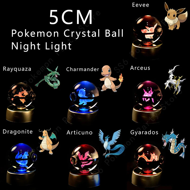 Pokemon Crystal Ball 3D Pikachu Gengar Mewtwo Night Light Lamp Pokeball 3D Glass Pokemon Crystal Ball Statue Kids Birthday Gift