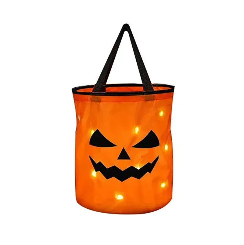 1-20PCS Halloween Pumpkin Tote Bag LED Light Up Handle Reusable Trick or Treat Candy Bag for Kids Party Decor Gift Present