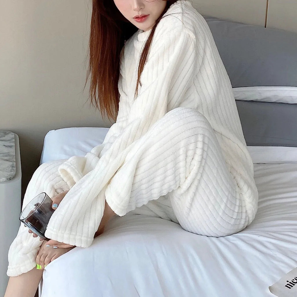 Soft Coral Velvet Jacquard Warm Pajama Set for Women Cozy Loungewear Outerwear for Winter Christmas Valentine's Day Gift