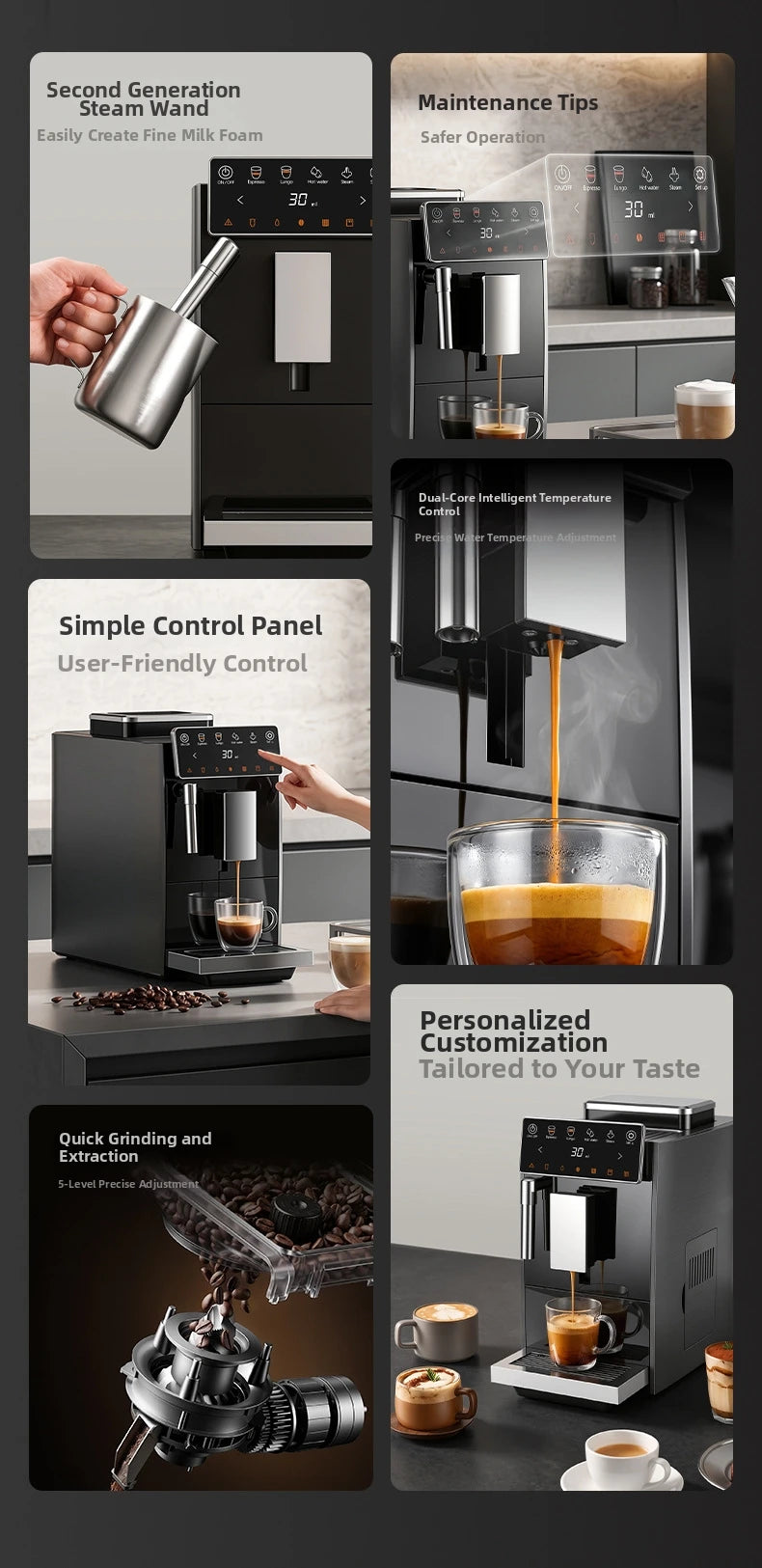 Automatic Espresso Machine with Smart Color Screen, Built-in Grinder & Steam Wand, 20Bar Pressure Coffee Maker for Home, Cappucc