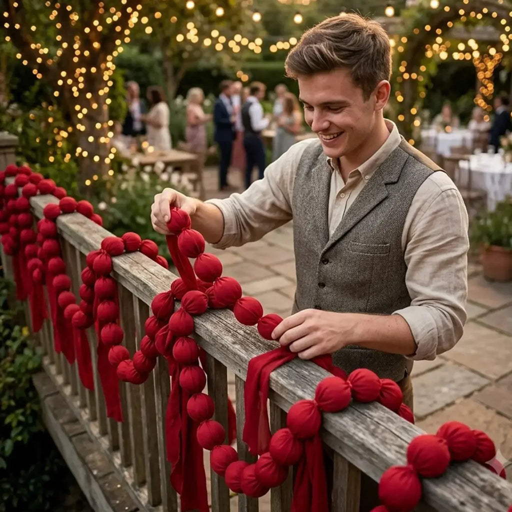 Christmas Hanging Ball Garland Red Cloth Ball String DIY Xmas Tree Window Hanging Decor Smooth Soft Fabric Balls Party Supply