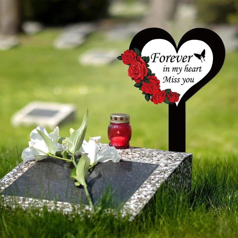 2024 Cemetery Memorial Heart Shape Stake Garden Yard Signs Grave Marker For Mom Dad Deceased Relative Grave Decorations 1PC